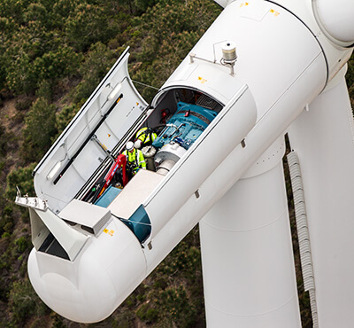 Siemens wind service technicians performing service and maintenance on a SWT-2.3 megawatt turbine.