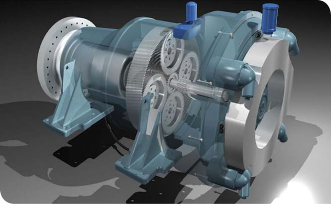 The unusual gearbox, designed by Romax Technology, sports four planet gears riding on journal bearings and flex pins. The drivetrain is a semi-integrated, medium-speed, medium-voltage configuration. The single stage design has a 1:5.8 ratio.