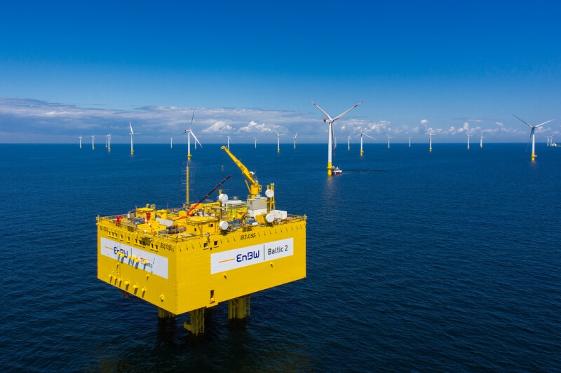 Alstom’s GIS substations were installed on a platform at the Baltic Sea 2 offshore wind site. The platform was placed on a pre-installed jacket and brought out to the installation site where water depths reached 44 meters. The buoyant and self-erecting platform design enabled a high degree of flexibility and independency from crane ships for the transport and installation of the substation. The closed platform layout protects the electrical components from offshore conditions. (Credit: Alstom)