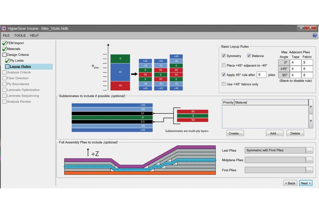 The Express interface guides the user through the entire analysis process in a highly intuitive manner, step-by- step. Checkboxes on the status console confirm current progress—from model import through material selection, FEA solver choice, selection of failure and design criteria, laminate optimization and sequencing, and analysis results (controlling load case, failure mode, safety factors, and update of FEM with optimal laminates).