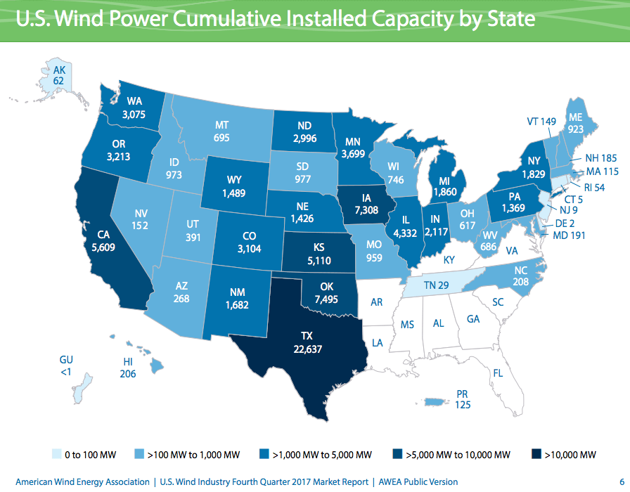 Cumulative wind power capacity by state (AWEA)