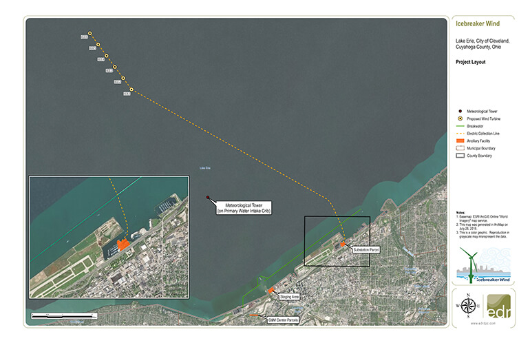 The Icebreaker Wind Project is a proposed 20.7-MW demonstration wind farm in lake Erie that will consist of six, 3.45-MW turbines. Icebreaker Wind will interconnect with the Cleveland Public Power transmission system at the Lake Road 138kV substation. The interconnection study process is complete, and rights are secured to participate in the PJM market.