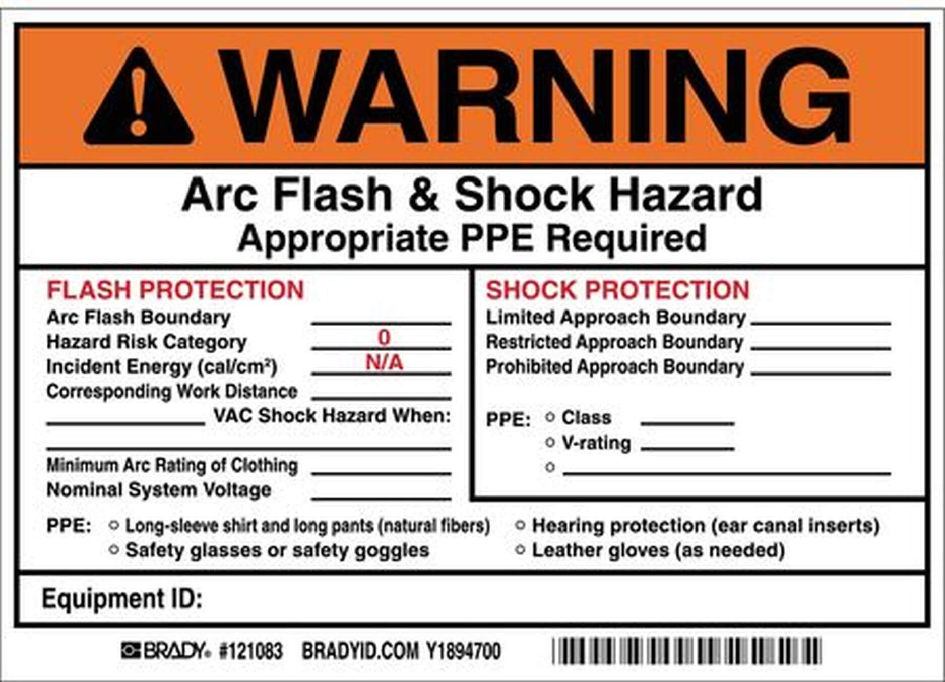 A typical arc flash hazard label, this one from Brady (bradyid.com). Label information is verified by conducting arc flash hazard studies.