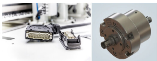 HARTING has continued to develop the lightweight Han-Eco ® B plastic connector (left). In addition to its insensitivity to external environmental influences, the Han-Eco ® B allows rear mounting of the contact inserts in the mounting housing, which can save considerable costs in the manufacturing process. This year, the focus will be on the new fiber optic rotary transmitter (right) with bidirectional data transmission.