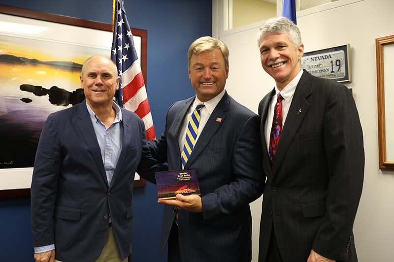 Senator Heller (R-Nev.) receives the U.S. Wind Champion Award on 9/18/18. Left to Right, George Hardie, Vice President of Business Development, Pattern Energy Senator Dean Heller, (Nev.) Tom Kiernan, CEO of AWEA.