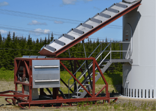 Caribou Wind Farms’ portable metal roof shields workers from falling ice so they can access the turbine to resume operations.