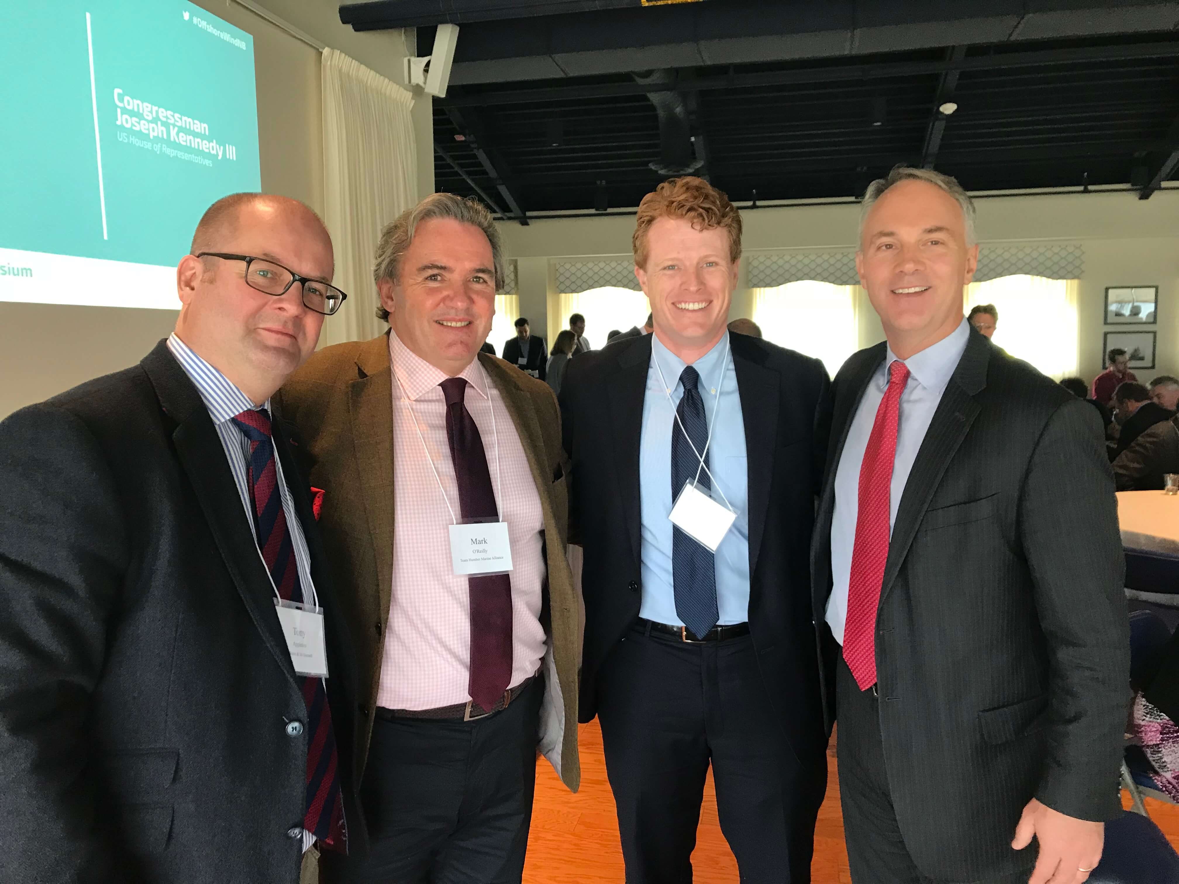 Picture caption from left to right: Pictured at the New Bedford Offshore Wind Symposium are Tony Appleton, Burns & McDonnell; Mark O’Reilly, Team Humber Marine Alliance; Joseph Kennedy III and Jon Mitchell Mayor of New Bedford.