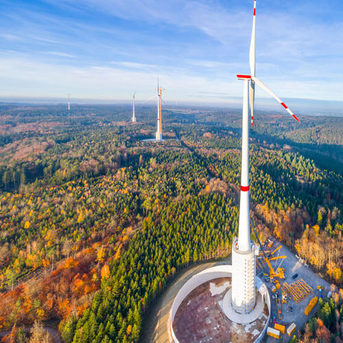 The pilot project in Germany’s Swabian-Franconian Forest features wind turbines mounted on bases that will serve as water reservoirs, effectively increasing tower height by 131 ft for a peak rotor reach of 807 ft above ground. 