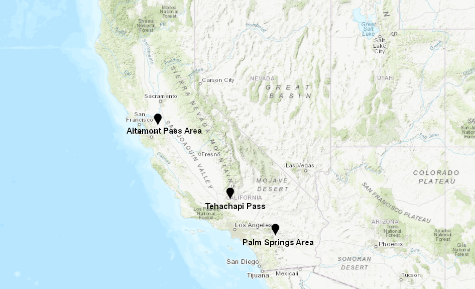 A map of California’s Altamont Pass, Tehachapi Pass, and Palm Springs Area, where legacy wind projects may attract repowering efforts.