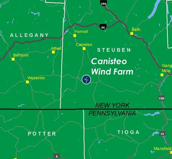 The Canisteo Wind Farm will be built on approximately 25,000 acres of private land being leased in Steuben County in the Southern Tier. The Canisteo site has been in development for several years and is near Invenergy’s operating 16 MW Marsh Hill Wind Farm, which began operations in 2014. According to NYPA, the new wind farm is expected to create an estimated 140 construction jobs and generate about $2.5 million per year in tax payments to the area.