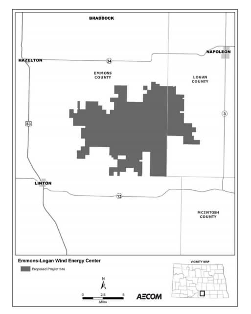 The project area would encompass approximately 28,097 acres located five miles northeast of Linton (maps attached). Total cost of the wind project is estimated at $415 million and total cost of the transmission line is estimated at $20 million. Emmons-Logan Wind has entered into a 25- year power purchase agreement with Great River Energy for the full output of energy produced by the project.