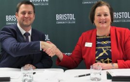 Bristol’s president, Laura L. Douglas, signed a memorandum of understanding with Neil Brown, business development manager at JDR, to provide technical job training as part of New England’s emerging offshore wind industry. They were joined by the British Consul General to New England, Harriet Cross, and CEO of the Massachusetts Clean Energy Center (MassCEC), Stephen Pike, at a press conference held today at the college’s downtown New Bedford campus