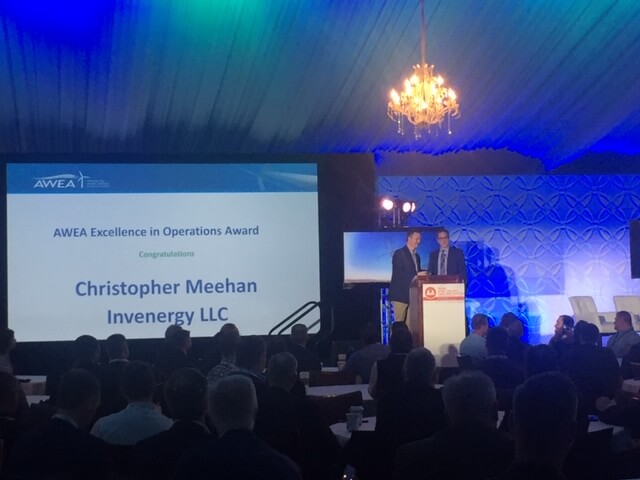 Chris Meehan, VP, Wind Operations, Invenergy Services, accepts award at AWEA’s O&M and  Safety Conference in San Diego