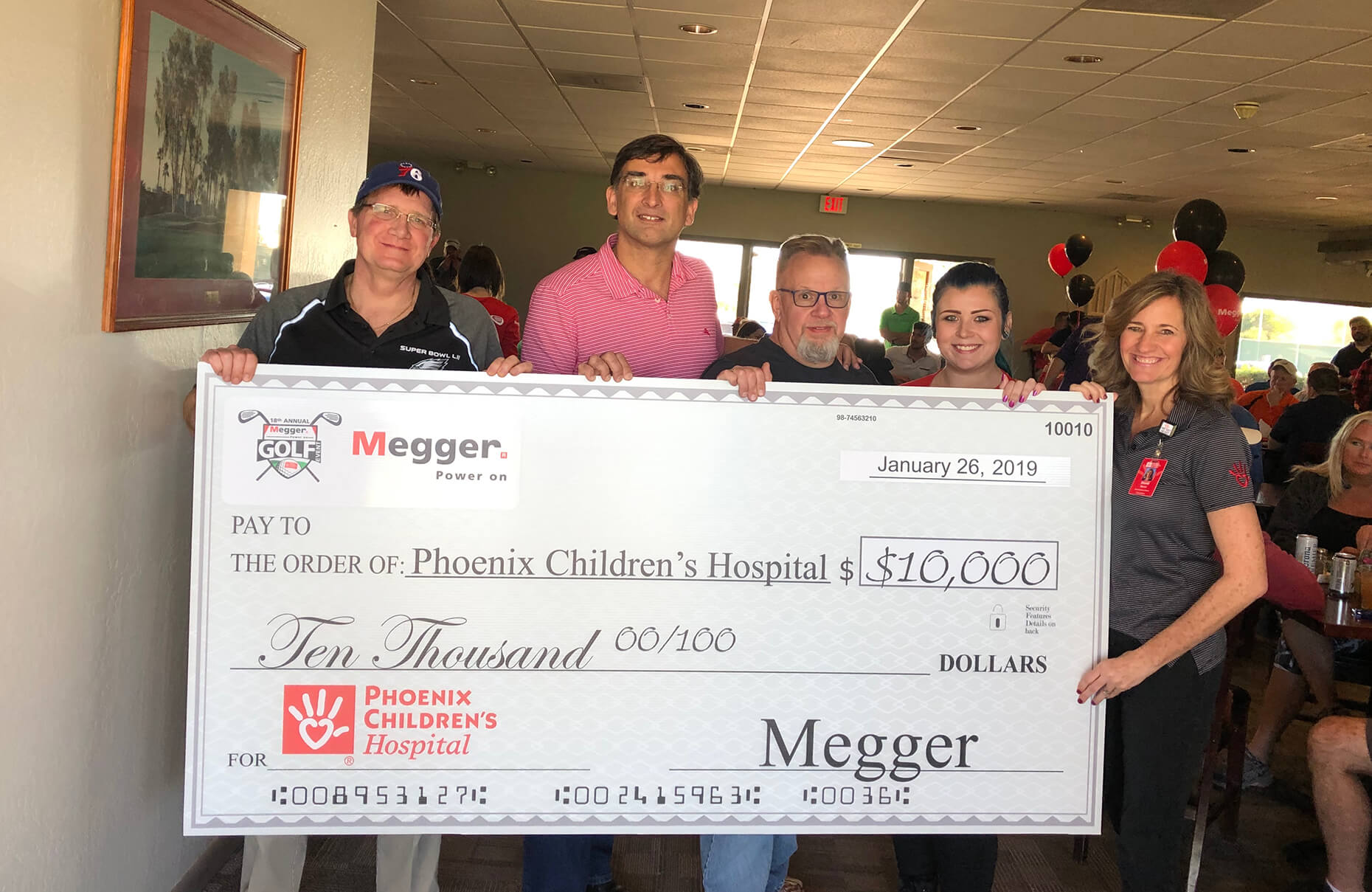 (Left to right) Graeme Thomson, vice president Americas distribution, Megger, Francisco Aguiar, CFO, Megger, David Danner, director US distribution for Megger; Tyler Danner, cancer survivor; Diane Meehl, development writer for Phoenix Children’s Hospital Foundation